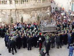 Statue of St. Lucy carried around in the procession during the feast of St. Lucy at the Piazza Duomo Square, viewed from the balcony of the Palazzo Borgia del Casale palace