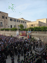 Balloons being released from the Archbisshop`s See at the Piazza Duomo Square during the feast of St. Lucy, viewed from the balcony of the Palazzo Borgia del Casale palace