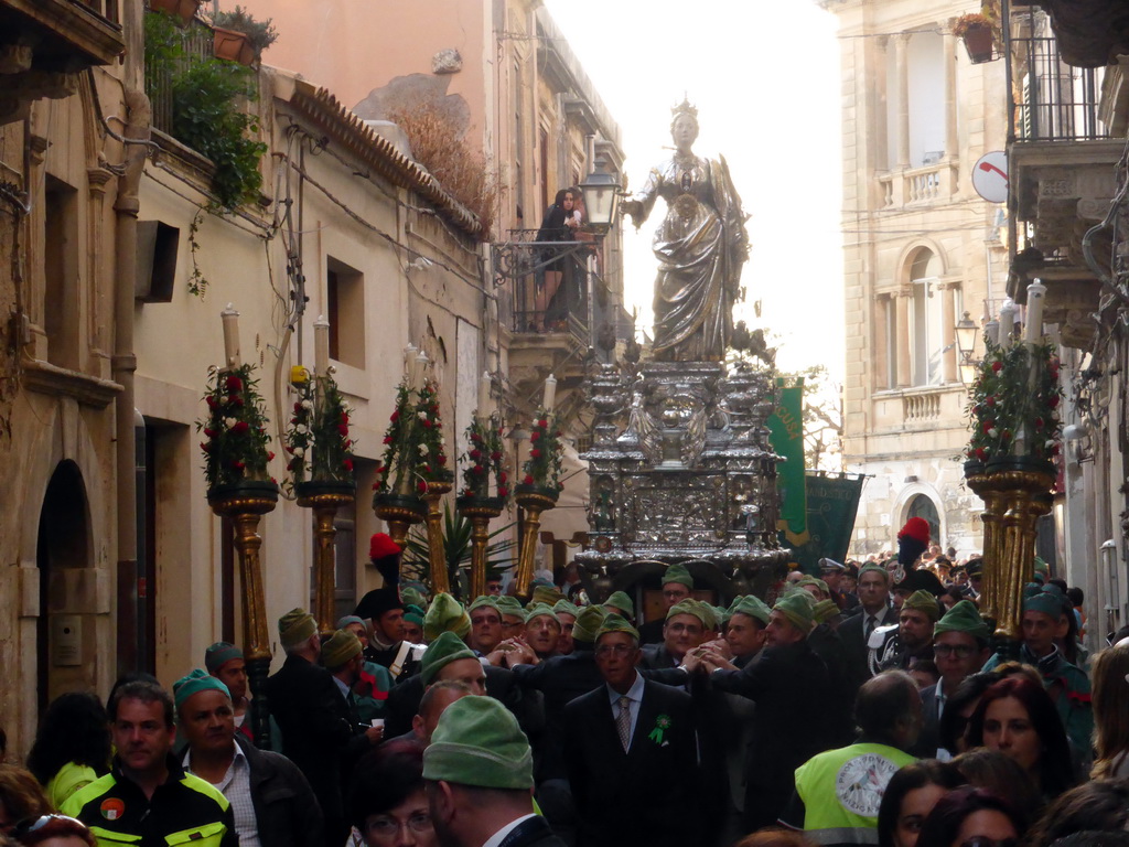 Statue of St. Lucy carried around in the procession during the feast of St. Lucy at the Via Castello Maniace street