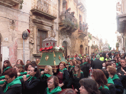 Relics and statue of St. Lucy carried around in the procession during the feast of St. Lucy at the Via Castello Maniace street