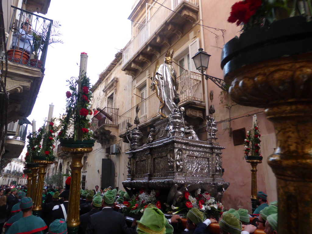 Statue of St. Lucy carried around in the procession during the feast of St. Lucy at the Via Castello Maniace street