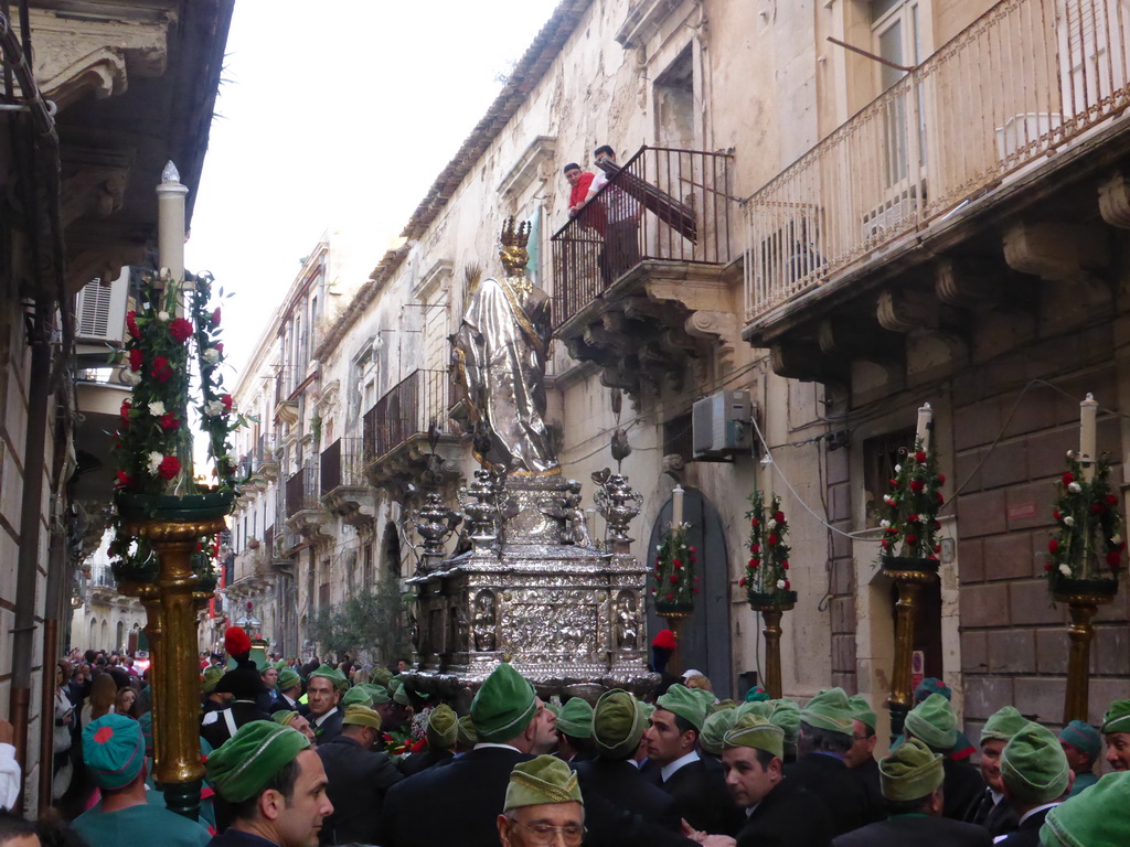 Relics and statue of St. Lucy carried around in the procession during the feast of St. Lucy at the Via Castello Maniace street