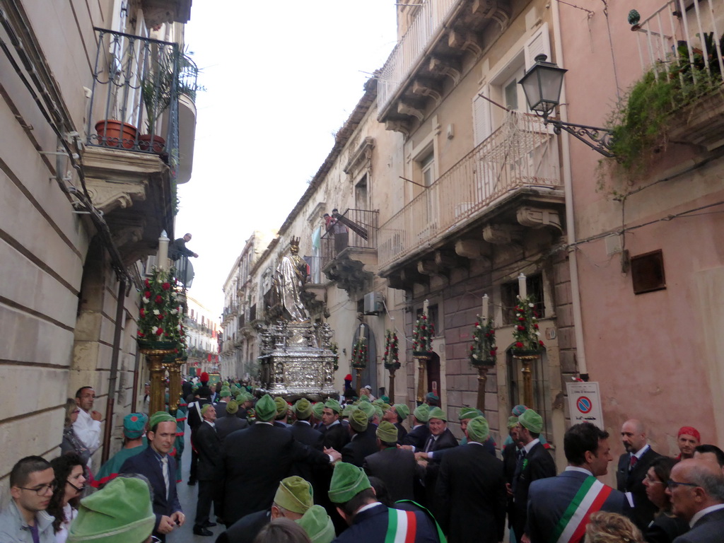 Relics and statue of St. Lucy carried around in the procession during the feast of St. Lucy at the Via Castello Maniace street