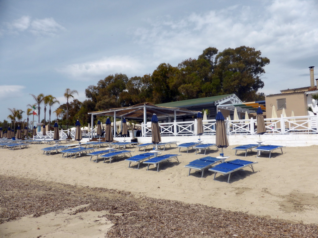 Sun chairs at the Lido Sayonara beach at the village of Fontane Bianche