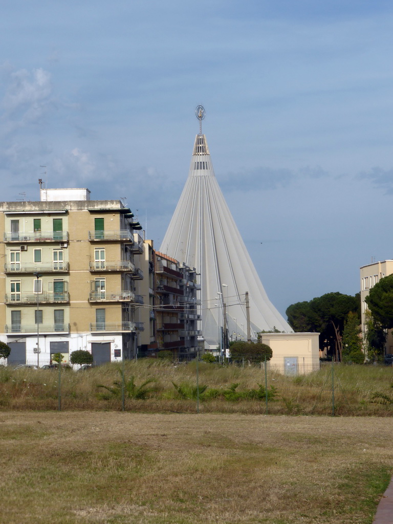 The Santuario della Madonna delle Lacrime church, viewed from the ticket shop at the entrance to the Parco Archeologico della Neapolis park