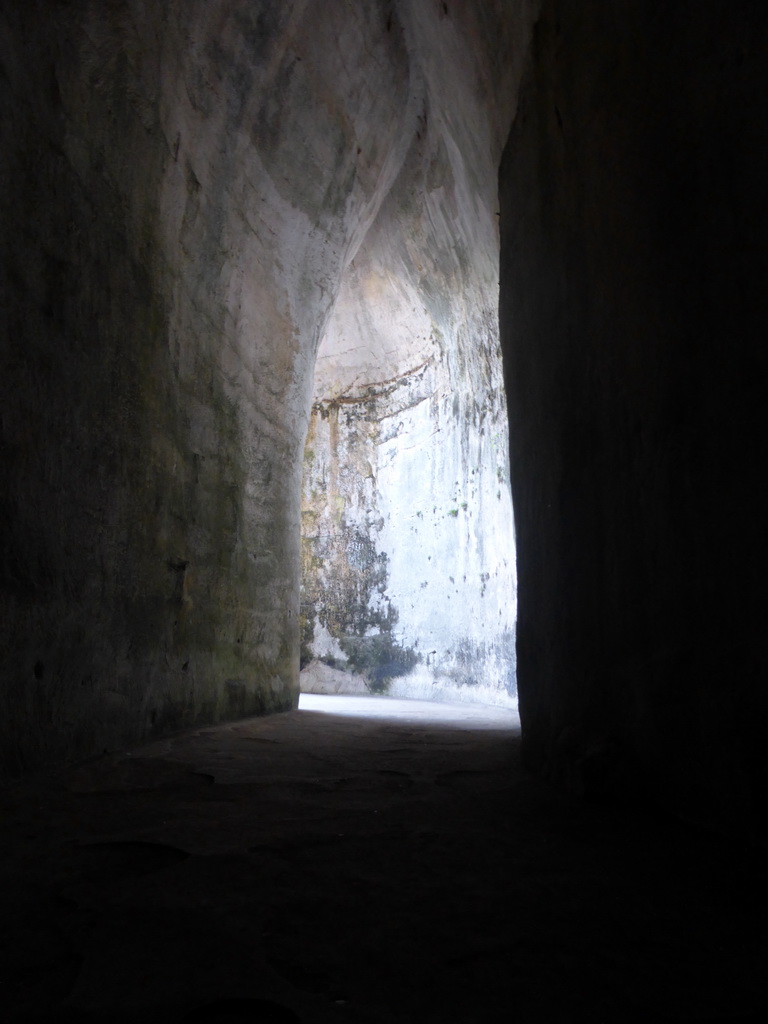 Entrance to the Orecchio di Dionisio cave at the Latomia del Paradiso quarry at the Parco Archeologico della Neapolis park, viewed from within