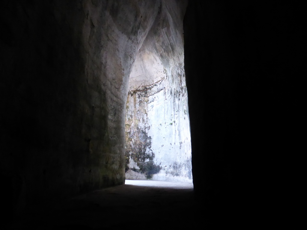 Entrance to the Orecchio di Dionisio cave at the Latomia del Paradiso quarry at the Parco Archeologico della Neapolis park, viewed from within
