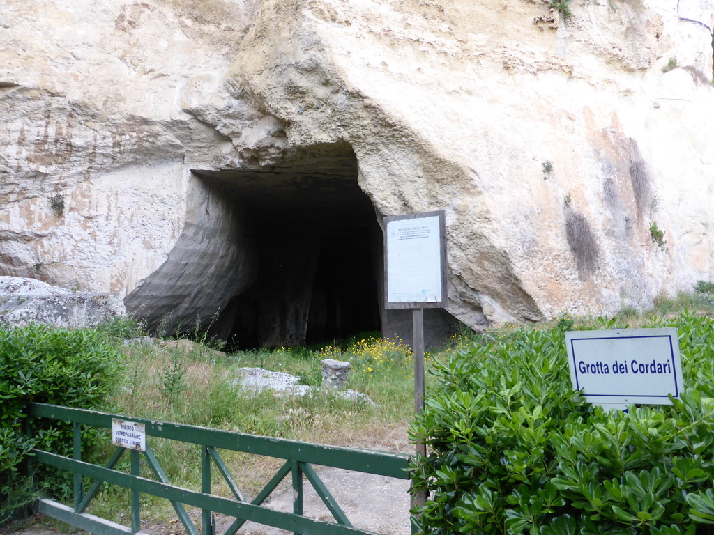 The entrance to the Grotta dei Cordari cave at the Latomia del Paradiso quarry at the Parco Archeologico della Neapolis park