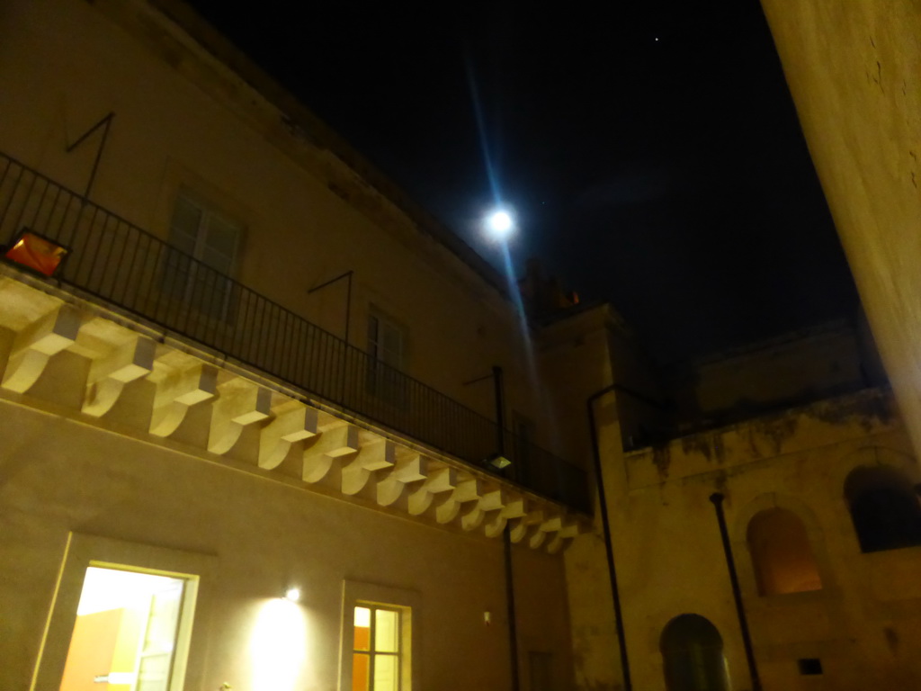 The Inner Square of the Impact Hub building at the Via Vincenzo Mirabella street, by night