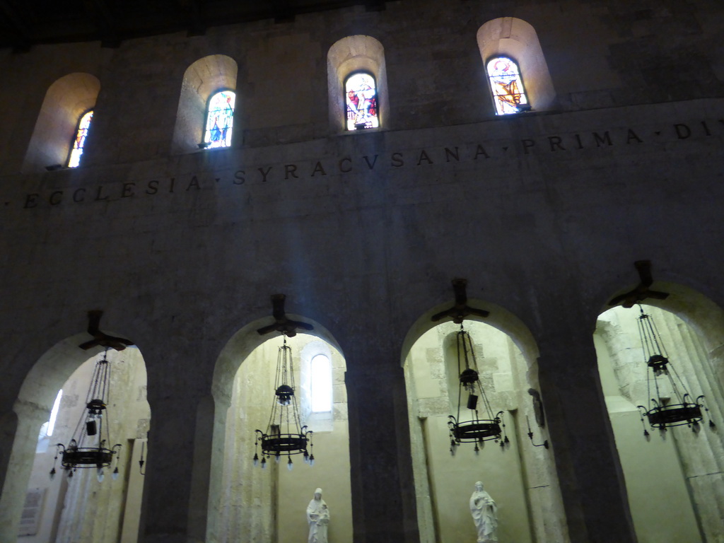 Stained glass windows at the nave of the Duomo di Siracusa cathedral