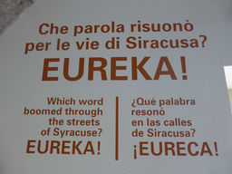 Poster with the word `Eureka` at the Museo di Archimede museum