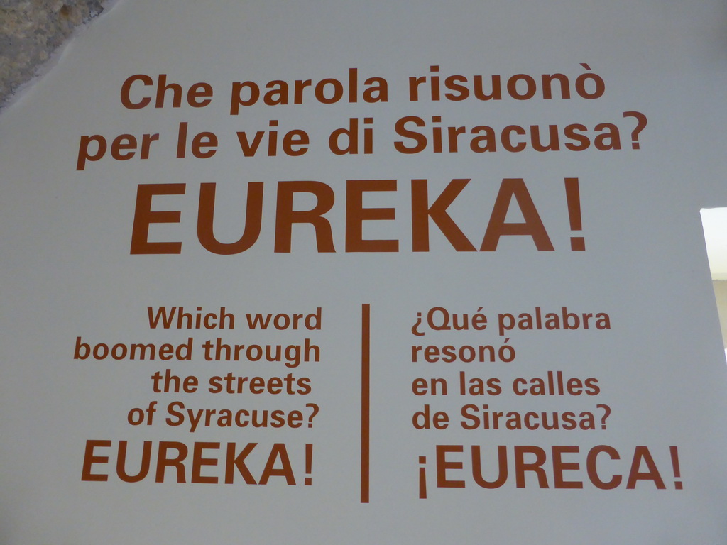 Poster with the word `Eureka` at the Museo di Archimede museum
