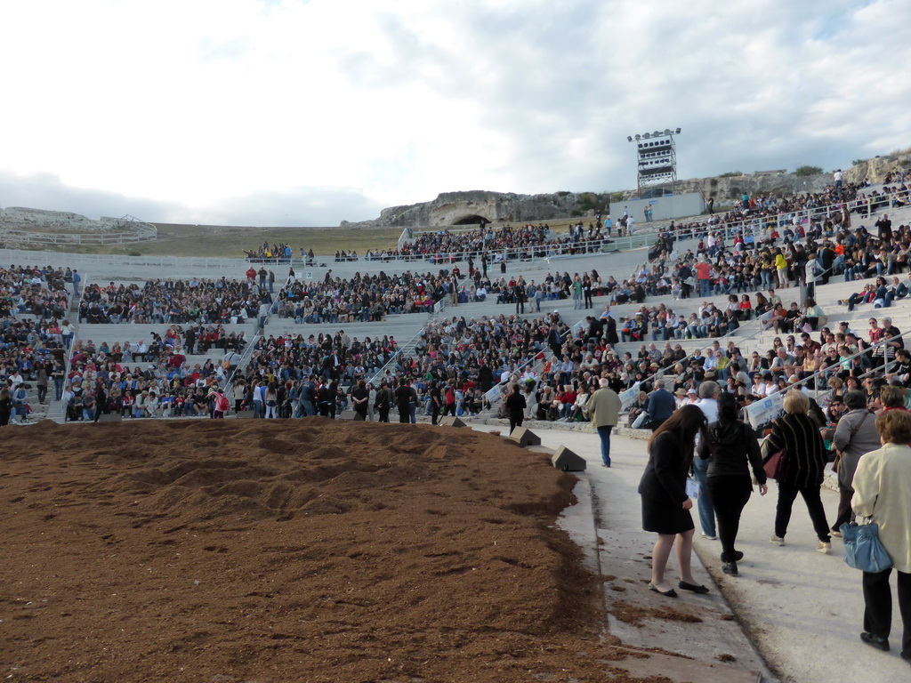 Grandstand of the Greek Theatre at the Parco Archeologico della Neapolis park, shortly before the play `Agamemnon` by Aeschylus