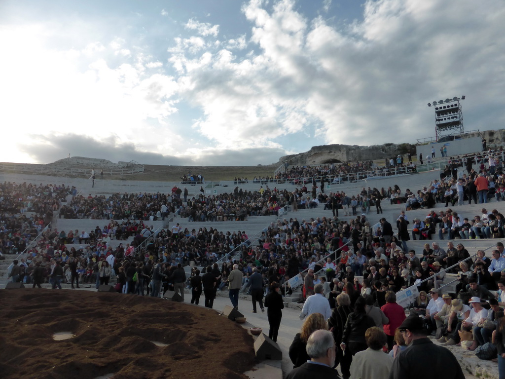 Grandstand of the Greek Theatre at the Parco Archeologico della Neapolis park, shortly before the play `Agamemnon` by Aeschylus