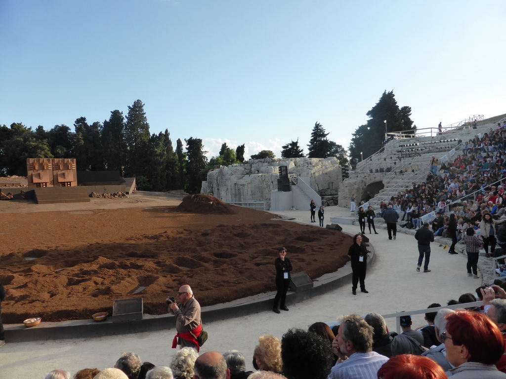 Stage and grandstand of the Greek Theatre at the Parco Archeologico della Neapolis park, shortly before the play `Agamemnon` by Aeschylus