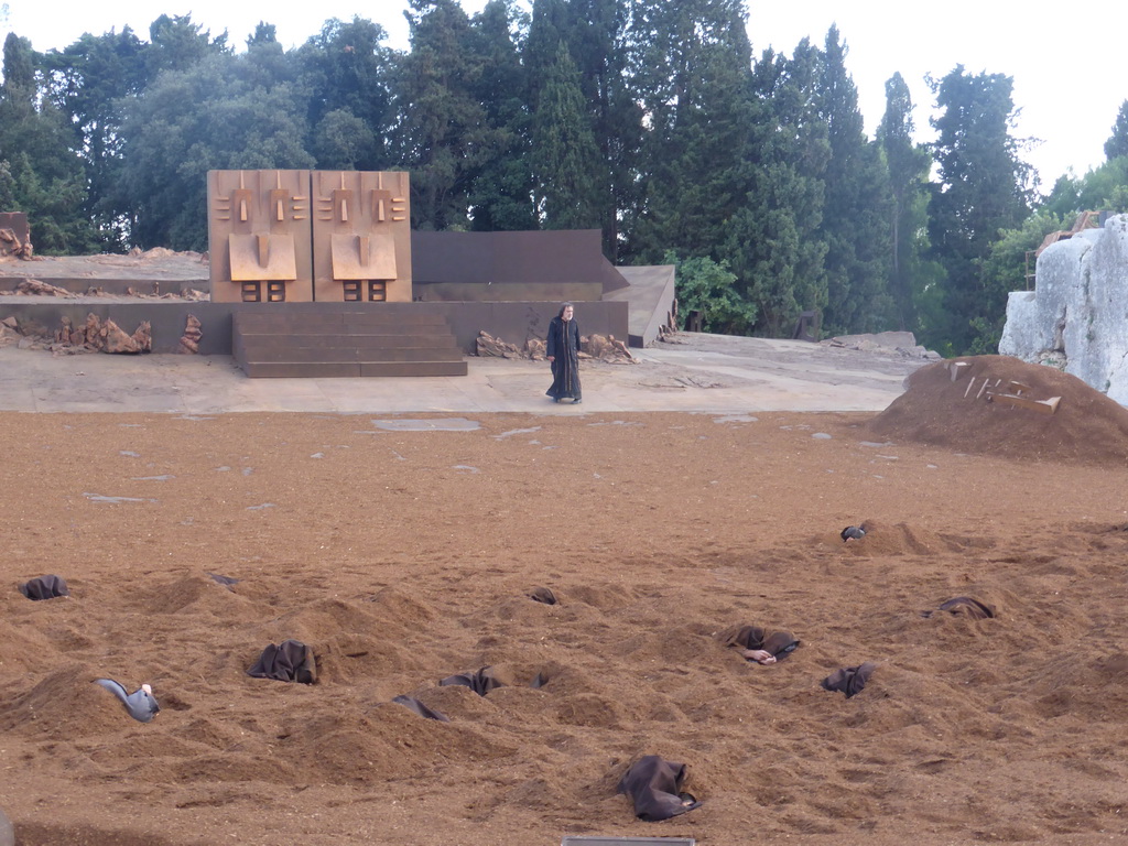 Watchman and the gates of Argos at the stage of the Greek Theatre at the Parco Archeologico della Neapolis park, during the play `Agamemnon` by Aeschylus