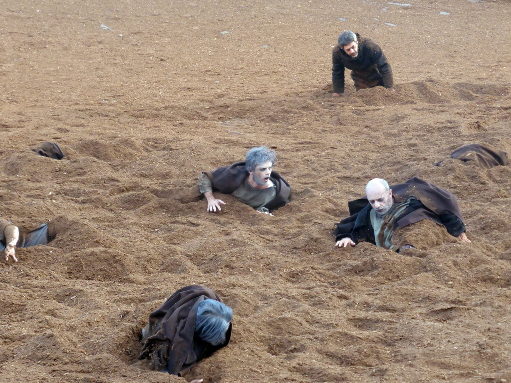 Chorus at the stage of the Greek Theatre at the Parco Archeologico della Neapolis park, during the play `Agamemnon` by Aeschylus