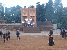 Agamemnon, Clytemnestra, chorus and female dancers at the gates of Argos at the stage of the Greek Theatre at the Parco Archeologico della Neapolis park, during the play `Agamemnon` by Aeschylus