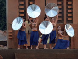 Female dancers at the gates of Argos at the stage of the Greek Theatre at the Parco Archeologico della Neapolis park, during the play `Agamemnon` by Aeschylus