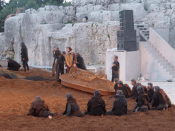 Agamemnon, chorus and boat at the stage of the Greek Theatre at the Parco Archeologico della Neapolis park, during the play `Agamemnon` by Aeschylus