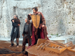 Agamemnon, chorus and boat at the stage of the Greek Theatre at the Parco Archeologico della Neapolis park, during the play `Agamemnon` by Aeschylus