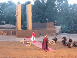 Chorus, female dancers and Agamemnon walking over the purple tapestry to the gates of Argos at the stage of the Greek Theatre at the Parco Archeologico della Neapolis park, during the play `Agamemnon` by Aeschylus185