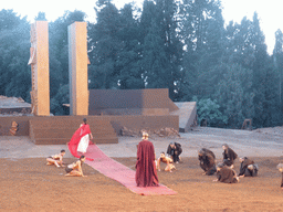 Chorus, female dancers and Agamemnon walking over the purple tapestry to the gates of Argos at the stage of the Greek Theatre at the Parco Archeologico della Neapolis park, during the play `Agamemnon` by Aeschylus185