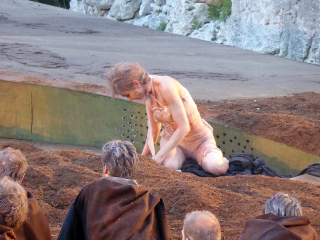 Cassandra at the stage of the Greek Theatre at the Parco Archeologico della Neapolis park, during the play `Agamemnon` by Aeschylus