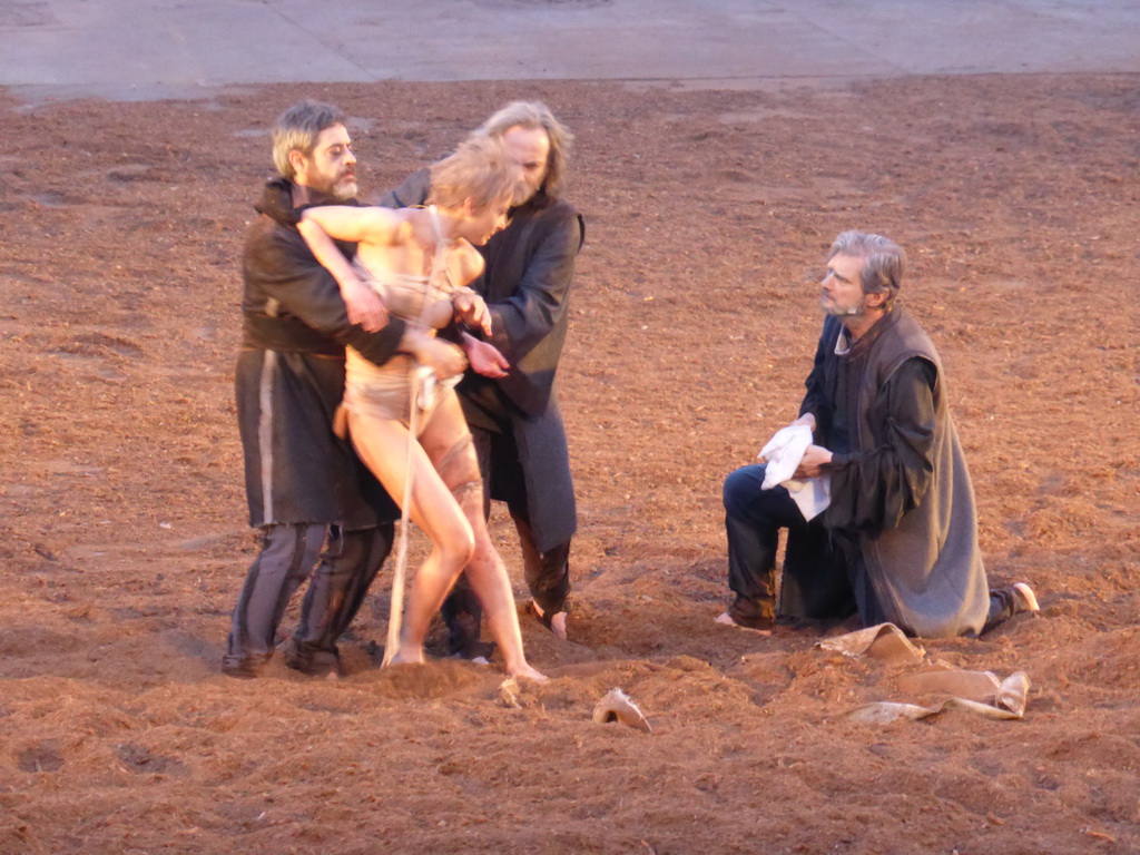 Cassandra and chorus at the stage of the Greek Theatre at the Parco Archeologico della Neapolis park, during the play `Agamemnon` by Aeschylus