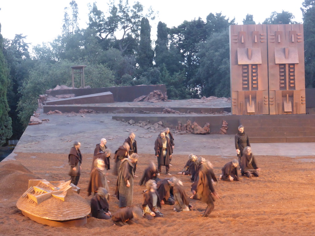 Chorus, boat and the gates to Argos at the stage of the Greek Theatre at the Parco Archeologico della Neapolis park, during the play `Agamemnon` by Aeschylus