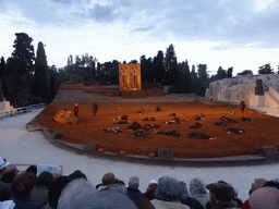 Chorus, herald and Cassandra at the gates of Argos at the stage of the Greek Theatre at the Parco Archeologico della Neapolis park, during the play `Agamemnon` by Aeschylus