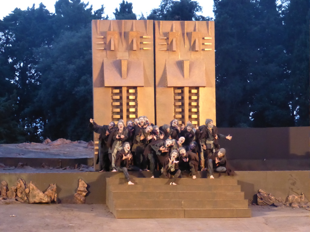 Chorus at the gates of Argos at the stage of the Greek Theatre at the Parco Archeologico della Neapolis park, during the play `Agamemnon` by Aeschylus