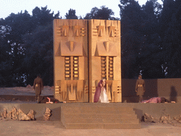 Clytemnestra and the corpses of Agamemnon and Cassandra at the gates of Argos at the stage of the Greek Theatre at the Parco Archeologico della Neapolis park, during the play `Agamemnon` by Aeschylus