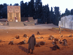 Chorus, Clytemnestra and the corpses of Agamemnon and Cassandra at the gates of Argos at the stage of the Greek Theatre at the Parco Archeologico della Neapolis park, during the play `Agamemnon` by Aeschylus