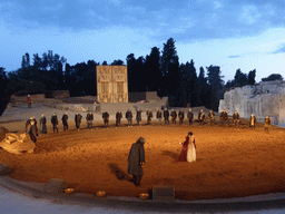 Clytemnestra fighting with the chorus at the stage of the Greek Theatre at the Parco Archeologico della Neapolis park, during the play `Agamemnon` by Aeschylus