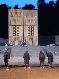 Chorus, Clytemnestra and the corpses of Agamemnon and Cassandra at the gates of Argos at the stage of the Greek Theatre at the Parco Archeologico della Neapolis park, during the play `Agamemnon` by Aeschylus