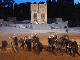 Chorus, Clytemnestra and the corpses of Agamemnon and Cassandra at the gates of Argos at the stage of the Greek Theatre at the Parco Archeologico della Neapolis park, during the play `Agamemnon` by Aeschylus