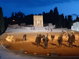Chorus, Clytemnestra, Aegisthus and his soldiers, and the corpses of Agamemnon and Cassandra at the gates of Argos at the stage of the Greek Theatre at the Parco Archeologico della Neapolis park, during the play `Agamemnon` by Aeschylus