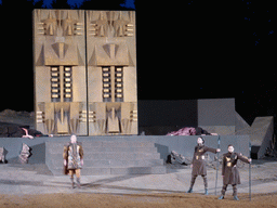 Aegisthus and his soldiers at the gates of Argos at the stage of the Greek Theatre at the Parco Archeologico della Neapolis park, during the play `Agamemnon` by Aeschylus