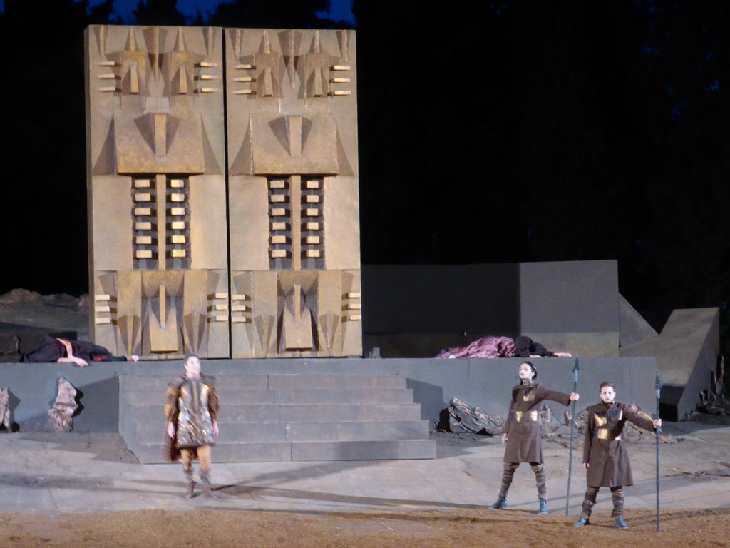 Aegisthus and his soldiers at the gates of Argos at the stage of the Greek Theatre at the Parco Archeologico della Neapolis park, during the play `Agamemnon` by Aeschylus