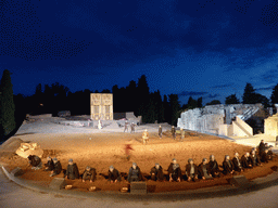 Aegisthus and his soldiers, herald, chorus, Clytemnestra and the corpses of Agamemnon and Cassandra at the gates of Argos at the stage of the Greek Theatre at the Parco Archeologico della Neapolis park, during the play `Agamemnon` by Aeschylus