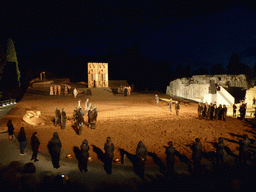 Actors receiving applause at the stage of the Greek Theatre at the Parco Archeologico della Neapolis park, at the end of the play `Agamemnon` by Aeschylus