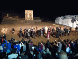 Actors receiving applause at the stage of the Greek Theatre at the Parco Archeologico della Neapolis park, at the end of the play `Agamemnon` by Aeschylus