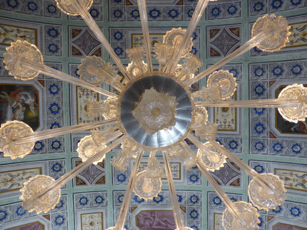 Chandeleer and ceiling of the Hall of Amore and Psyche at the Palazzo Borgia del Casale palace