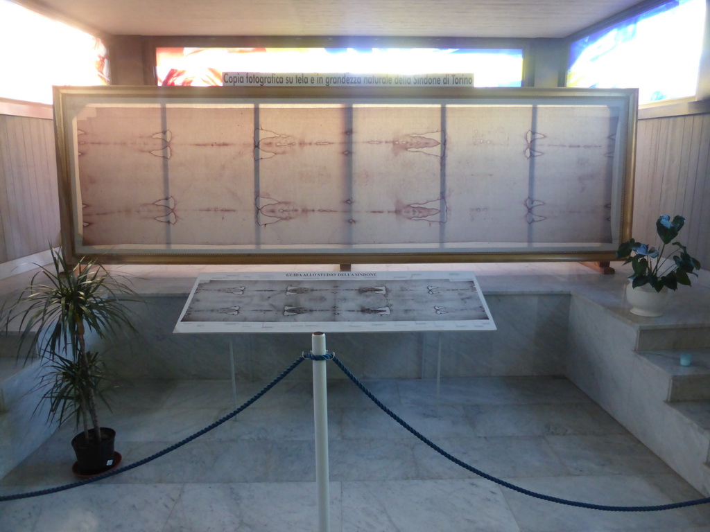 Photographic copy of the Shroud of Turin, in a chapel of the Santuario della Madonna delle Lacrime church, with explanation