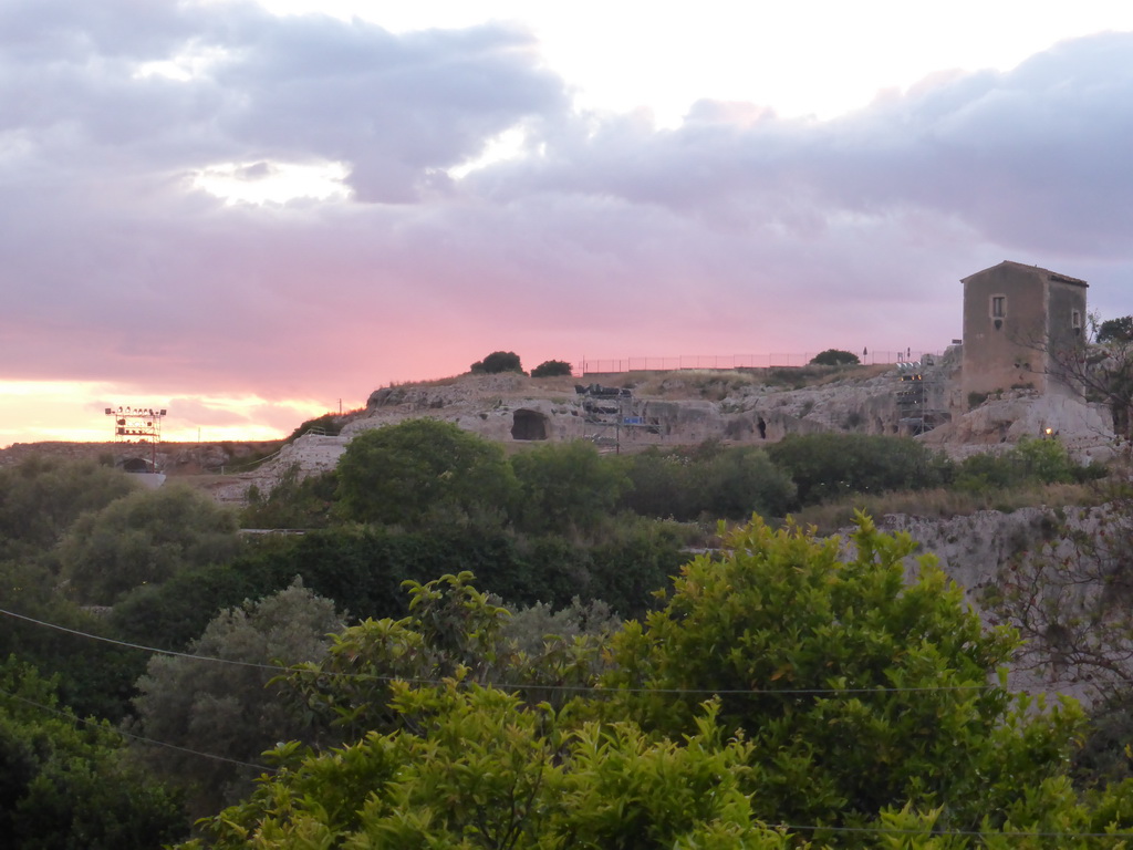 The Nymphaeum above the Greek Theatre at the Parco Archeologico della Neapolis park, at sunset