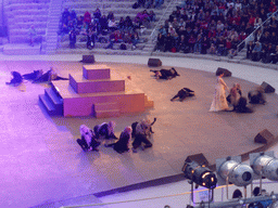 Actors at the stage of the Greek Theatre at the Parco Archeologico della Neapolis park, during the plays `Choephori` and `Eumenides` by Aeschylus, at sunset