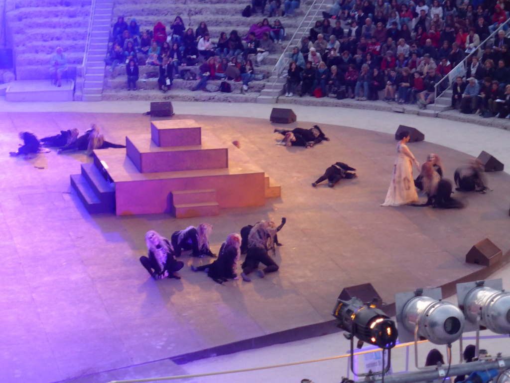 Actors at the stage of the Greek Theatre at the Parco Archeologico della Neapolis park, during the plays `Choephori` and `Eumenides` by Aeschylus, at sunset