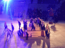 Actors at the stage of the Greek Theatre at the Parco Archeologico della Neapolis park, during the plays `Choephori` and `Eumenides` by Aeschylus, at sunset