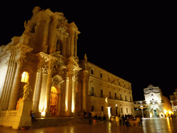 The Piazza Duomo square with the Duomo di Siracusa cathedral, the Archbisshop`s See and the Chiesa di Santa Lucia alla Badia church, by night